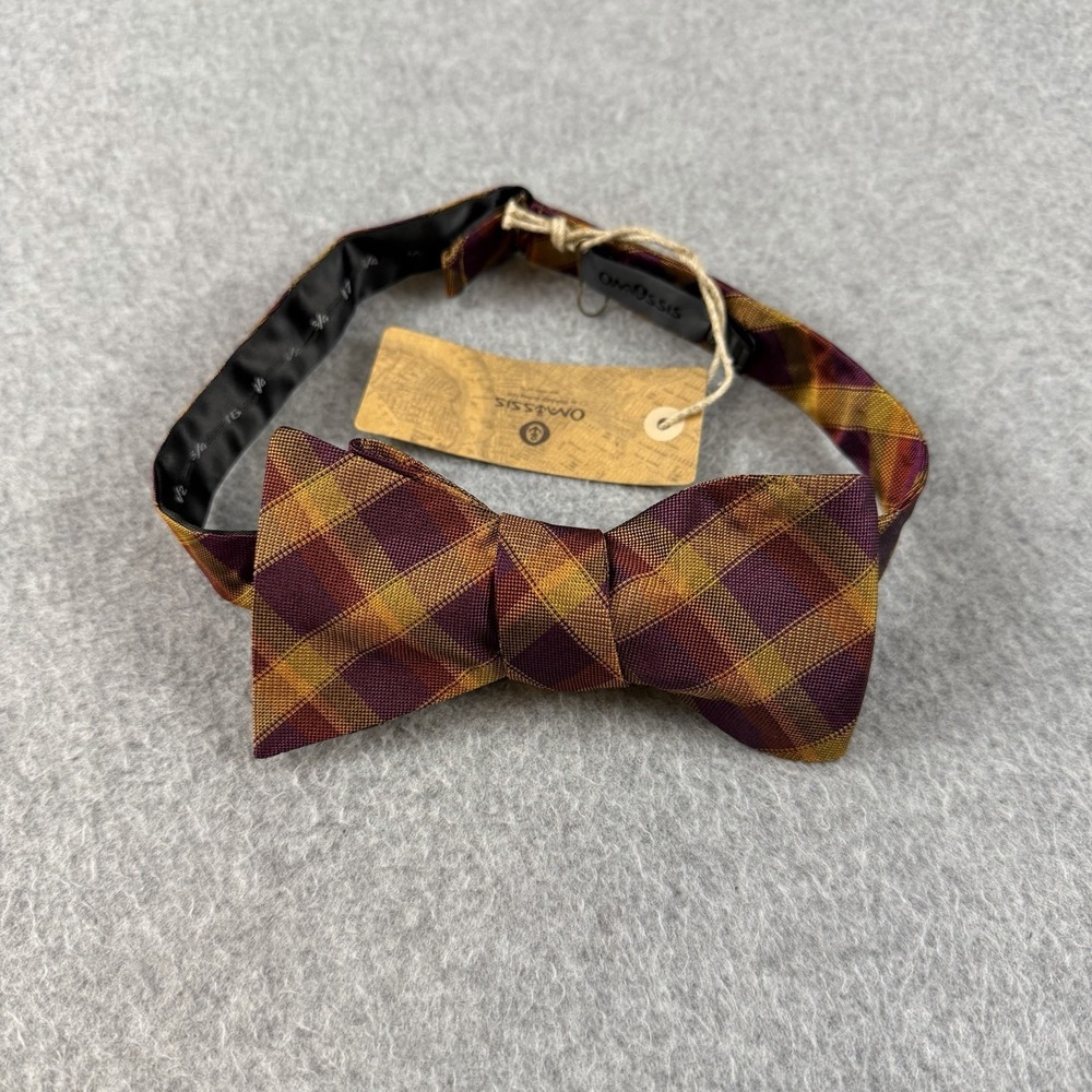 Onassis Silk Wide Self Tie Bow Tie Purple Red Gold Plaid NWT 14.5-18.5"
